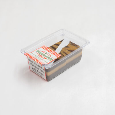 Dark Chocolate Caramel Sea Salt Fudge in 1/2 lb. packaging.