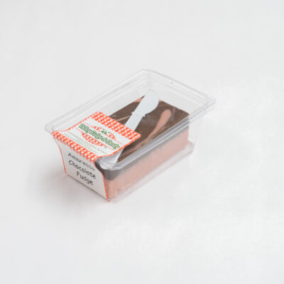 Amaretto Chocolate Fudge in 1/2 lb. packaging.