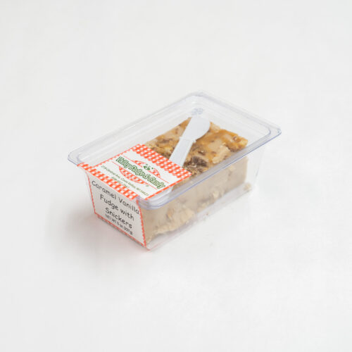 Caramel Vanilla Fudge with Snickers in 1/2 lb. packaging.