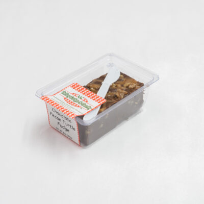 Chocolate Pecan Turtle Fudge in 1/2 lb. packaging.
