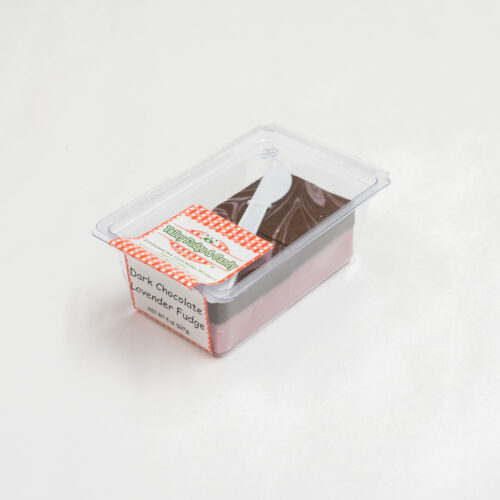 Dark Chocolate Lavender Fudge in 1/2 lb. packaging.