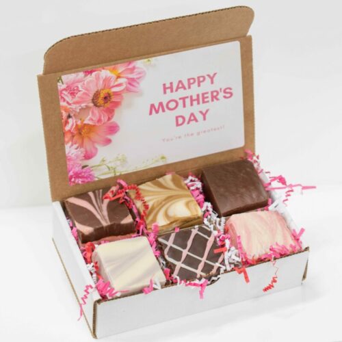 A gift box with six, 4oz pieces of fudge in the following flavors: Amaretto Chocolate, Cappuccino, Chocolate, Lemon Lavender, Dark Chocolate Raspberry Truffle, and Strawberry Champagne.