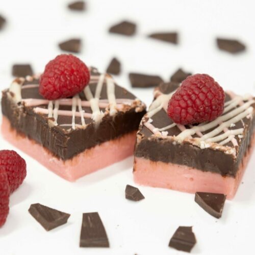 Two pieces of Dark Chocolate Raspberry Truffle Fudge photographed with two raspberries on top and chocolate bar chunks set around.