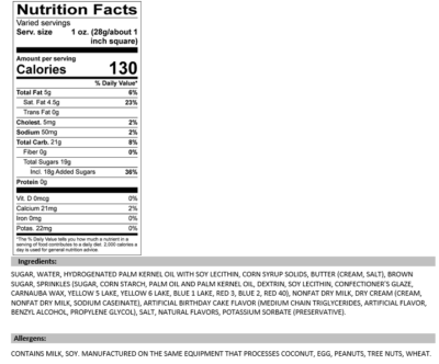 Birthday Cake Fudge Nutrition Facts and Ingredients.