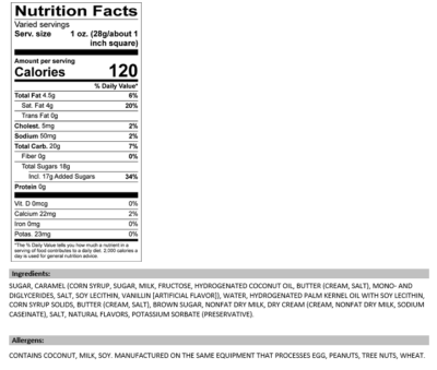 Caramel Vanilla Swirl Fudge Nutrition Facts and Ingredients.