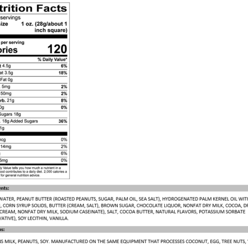 Peanut Butter Chocolate Fudge Nutrition Facts and Ingredients.