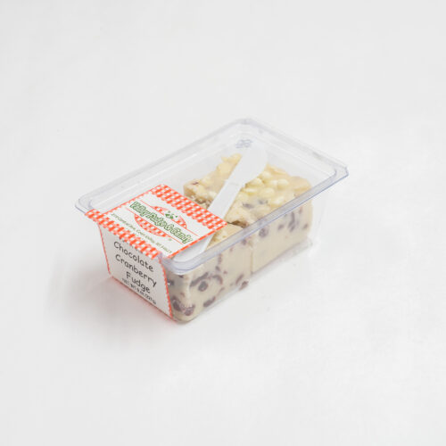 White Chocolate Cranberry Fudge in 1/2 lb. packaging.