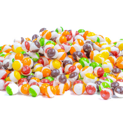 large assortment of freeze dried skittles showing detail