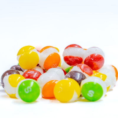 Small assortment of freeze dried skittles showing detail