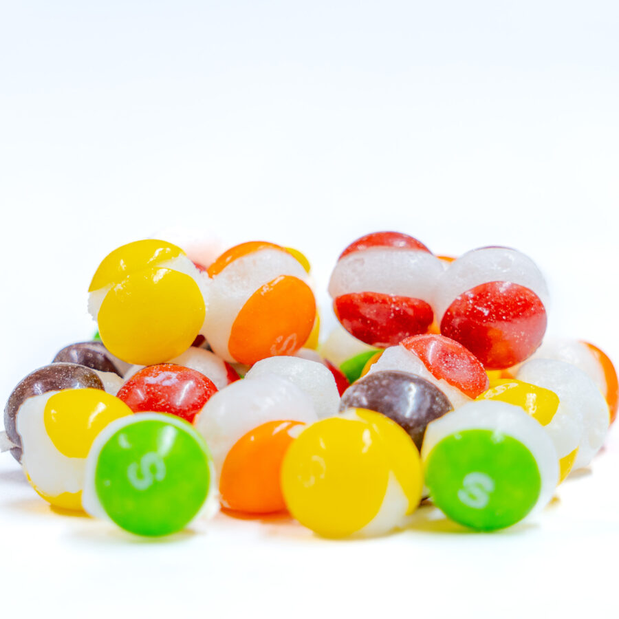 Small assortment of freeze dried skittles showing detail